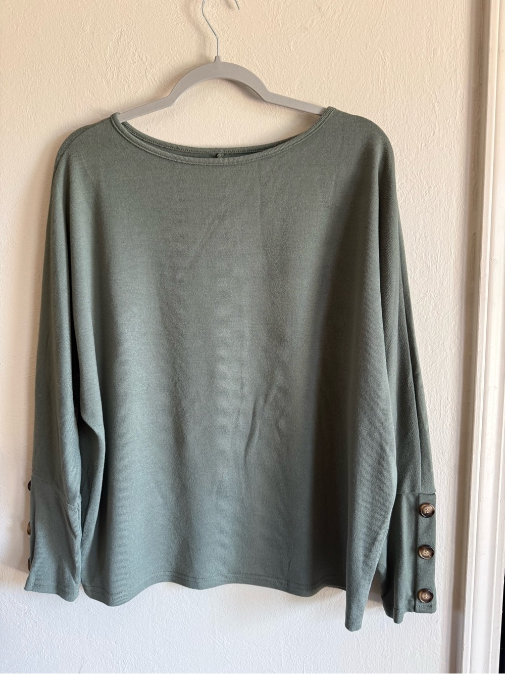 Oibili Sage Green Cotton Boatneck Knit Top Button Cuff Sleeve Pullover Size L